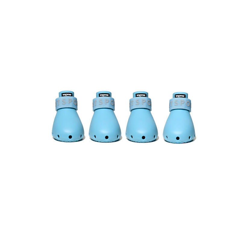 Four blue pet boots with brand name on a white background