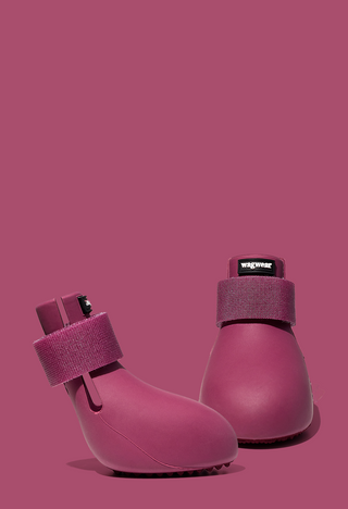 Two mulberry dog boots with  ankle straps, shown on a solid mulberry pink background. One dog boot is standing upright and the other is lying on its side, both displaying the 'wagwear' brand label on the back.