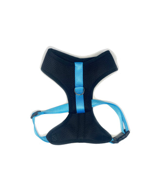 color block padded harness in black and cobalt